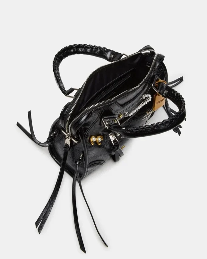 Borsa Riggs decorata, nera effetto invecchiato