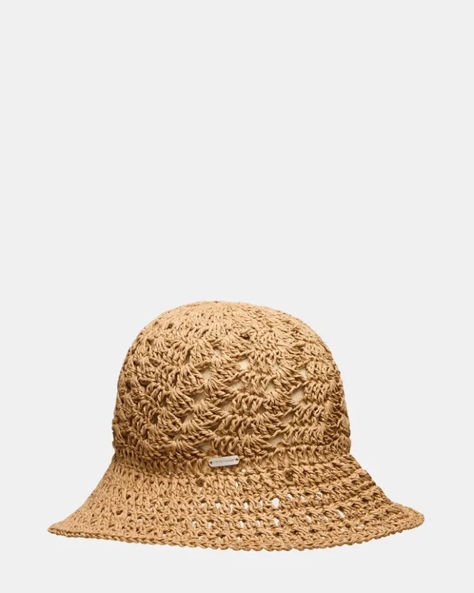 Cappello a secchiello in paglia stile boho color cuoio