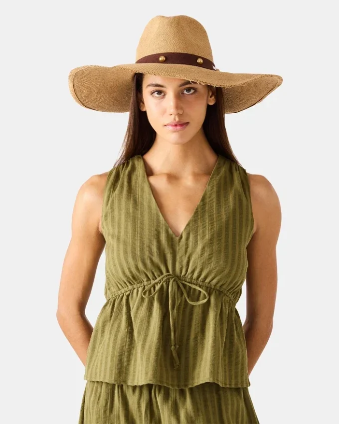 Cappello di paglia Boho Glam con borchie, color cuoio