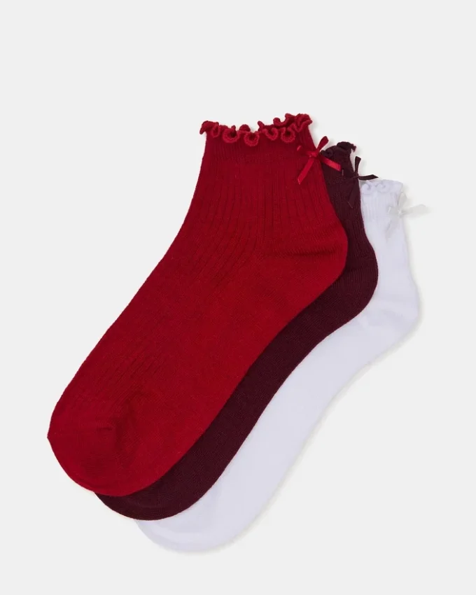 Confezione da 3 paia di calzini Melody con bordo a foglia di lattuga e fiocco, rosso multicolore