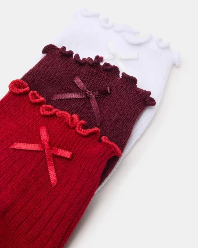 Confezione da 3 paia di calzini Melody con bordo a foglia di lattuga e fiocco, rosso multicolore