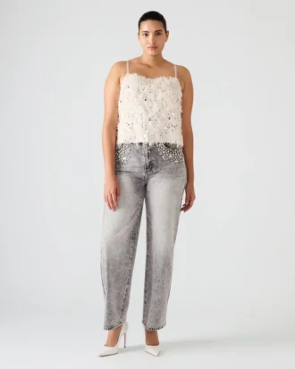 Top Blakelyn con piume, color avorio