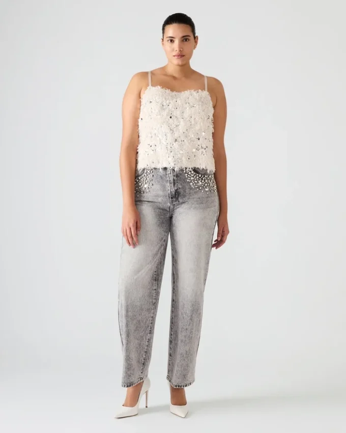 Top Blakelyn con piume, color avorio