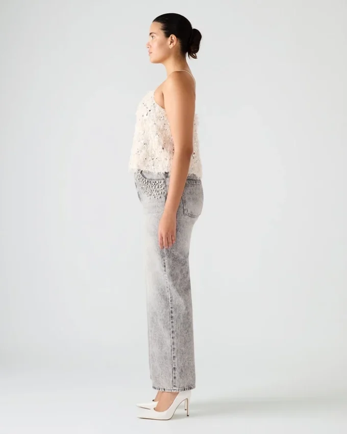 Top Blakelyn con piume, color avorio