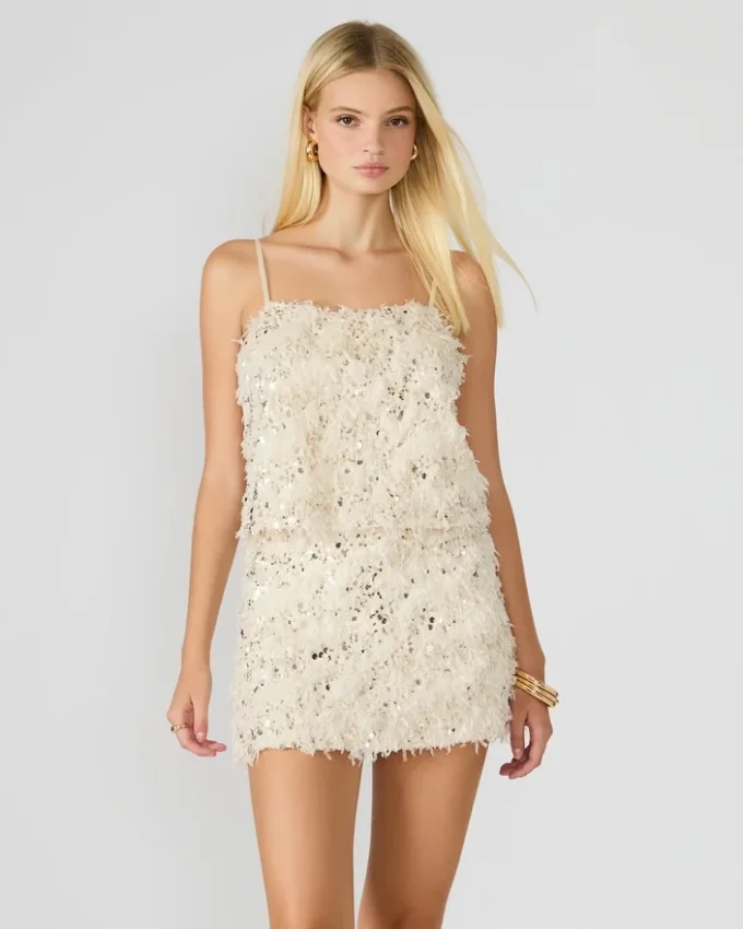 Top Blakelyn con piume, color avorio